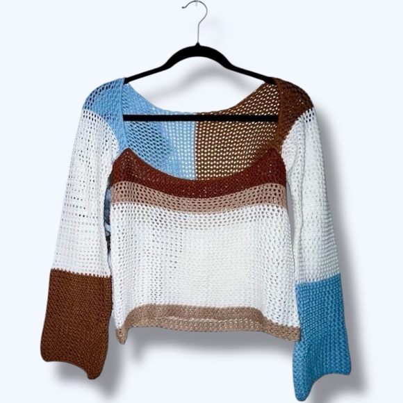 Y2K Crochet Long Sleeve Color Block Square Neck Top - Picture 7 of 11